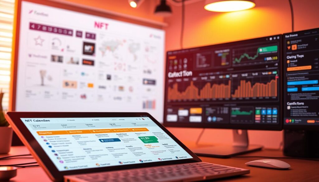 A vibrant digital workspace showcasing a comprehensive NFT drop calendar. In the foreground, a sleek user interface displays upcoming NFT collection releases, organized by date and project details. The middle ground features a timeline of upcoming drops, with visual cues and tooltips providing crucial information. In the background, a sophisticated data visualization dashboard tracks market trends and highlights popular collections. Warm lighting and a clean, minimalist aesthetic create a professional, technology-driven atmosphere, conveying the tools' utility for savvy NFT enthusiasts.
