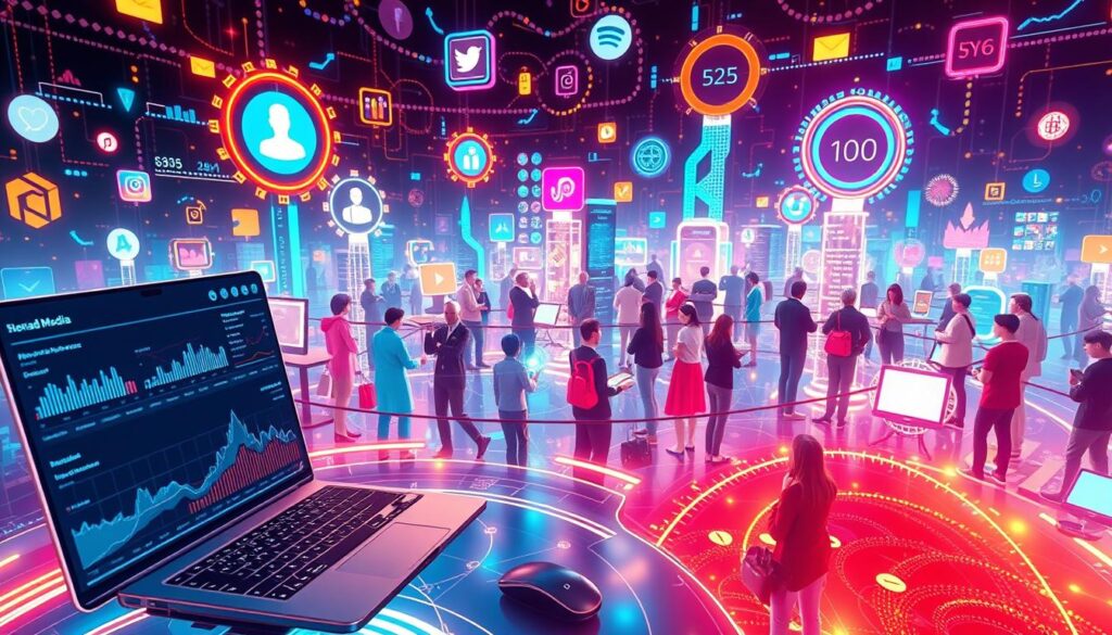 A vibrant, dynamic crypto social media landscape with interlocking digital platforms, each representing a unique aspect of community engagement. In the foreground, a sleek, futuristic social media dashboard displays real-time analytics and engagement metrics. In the middle ground, a diverse array of virtual avatars, each with their own distinct personalities, interacting seamlessly across various channels. The background is a kaleidoscope of digital iconography, data visualizations, and fluid motion graphics, all bathed in a warm, neon-tinged glow that evokes a sense of innovation and technological progress. The overall mood is one of a thriving, interconnected crypto community, where social media is leveraged as a powerful tool for building awareness, fostering dialogue, and driving meaningful engagement.