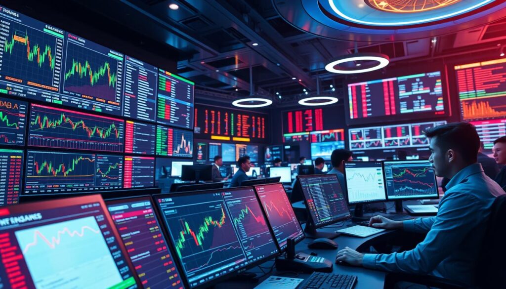 A vibrant, dynamic crypto trading platform filled with complex charts, graphs, and analytics dashboards. The foreground showcases a sleek, modern interface with intuitive order books, candlestick charts, and real-time price updates. The middle ground depicts traders closely monitoring their portfolios and making informed decisions based on the advanced market data visualizations. In the background, a bustling trading floor with multiple screens, tickers, and a sense of immersive activity, all bathed in a cool, futuristic lighting scheme that conveys the cutting-edge nature of the crypto exchange. The overall mood is one of professionalism, technical sophistication, and the thrill of engaging with the volatile, fast-paced world of digital asset markets. A vibrant, dynamic crypto trading platform filled with complex charts, graphs, and analytics dashboards. The foreground showcases a sleek, modern interface with intuitive order books, candlestick charts, and real-time price updates. The middle ground depicts traders closely monitoring their portfolios and making informed decisions based on the advanced market data visualizations. In the background, a bustling trading floor with multiple screens, tickers, and a sense of immersive activity, all bathed in a cool, futuristic lighting scheme that conveys the cutting-edge nature of the crypto exchange. The overall mood is one of professionalism, technical sophistication, and the thrill of engaging with the volatile, fast-paced world of digital asset markets.