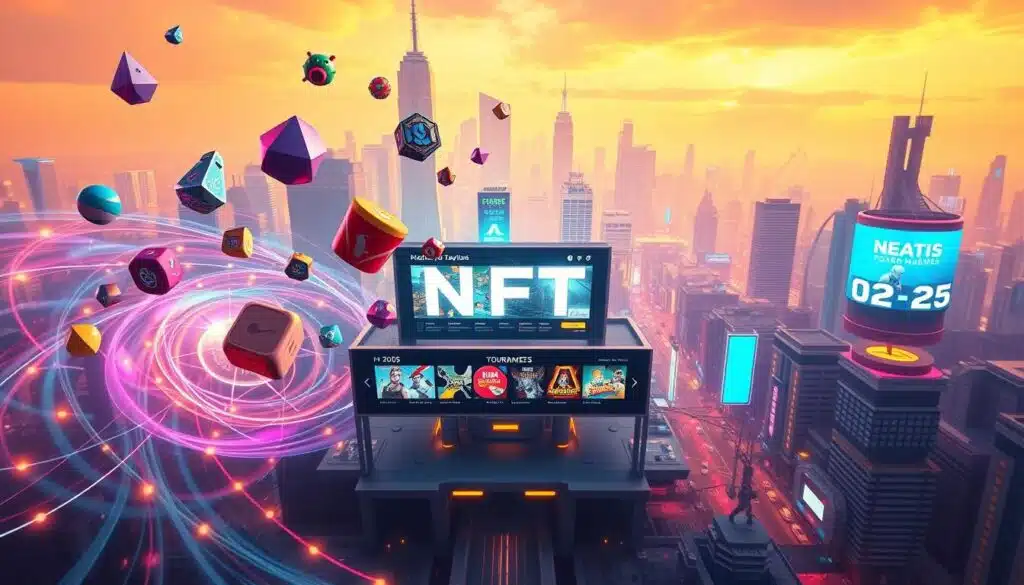 A vibrant, dynamic digital landscape showcasing the top NFT gaming platforms in the United States. In the foreground, prominent gaming icons and symbols levitate amidst a swirling vortex of digital energy, emanating a sense of excitement and innovation. The middle ground features a sleek, futuristic interface displaying various NFT-based games and tournaments, inviting the viewer to explore and participate. In the background, a towering cityscape of skyscrapers and neon-lit streets sets the stage, reflecting the urban, high-tech nature of the NFT gaming industry. The scene is bathed in a warm, vibrant color palette, with dynamic lighting effects that create a sense of depth and visual immersion. The overall composition conveys the thriving, cutting-edge nature of the top NFT gaming platforms in the US.