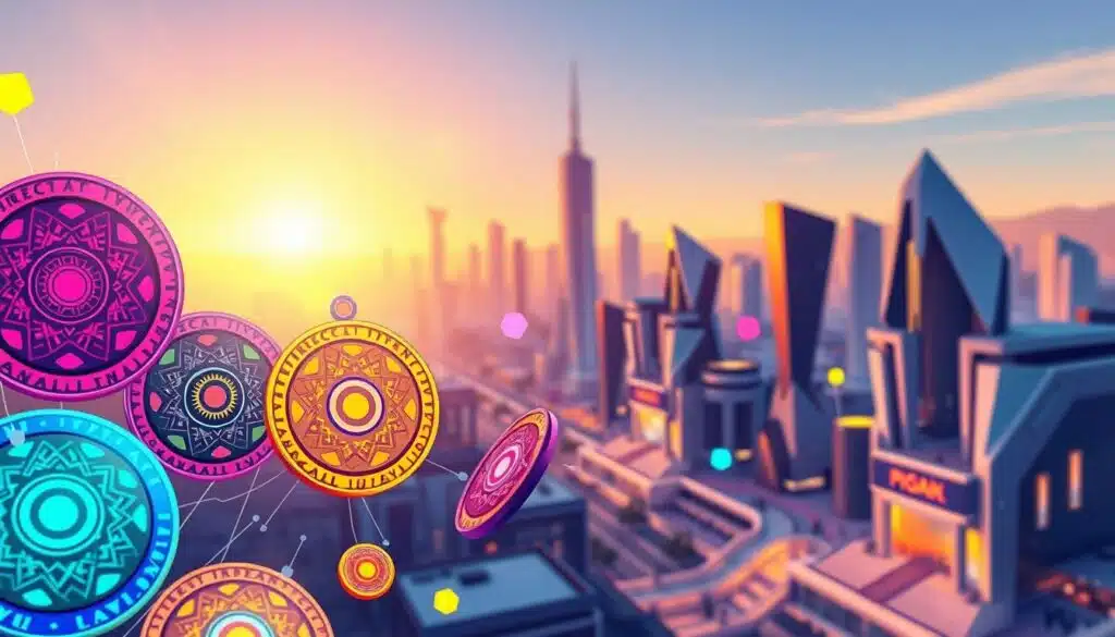 A vibrant, dynamic illustration showcasing "direct fan engagement tokens". In the foreground, a group of colorful, abstract tokens float and shimmer, each adorned with intricate geometric patterns and a sense of digital energy. The tokens appear to be interacting with one another, creating a sense of community and connection. In the middle ground, a futuristic cityscape recedes into the distance, its sleek, angular buildings and neon-lit streets conveying a high-tech, cutting-edge atmosphere. The background is bathed in a warm, golden glow, suggesting a sense of optimism and innovation. The overall scene radiates a feeling of excitement and engagement, perfectly capturing the concept of direct fan interaction through the medium of social tokens.