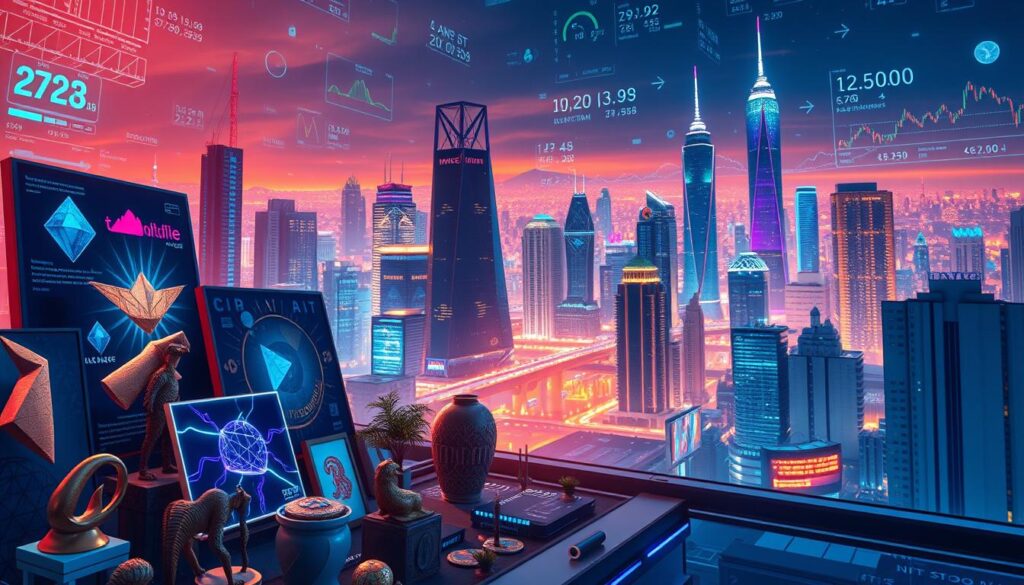 A vibrant, dynamic image depicting various NFT monetisation strategies. In the foreground, a collection of unique, digitally-crafted NFT artworks on display, each with a distinct style and aesthetic. In the middle ground, a series of blockchain transaction visualisations, with various cryptocurrencies and smart contract interactions. In the background, a futuristic cityscape with towering skyscrapers and a digital overlay of financial data, charts, and analytics. The scene is illuminated by a warm, cinematic lighting, creating a sense of innovation, technological advancement, and the limitless potential of NFT-powered monetisation. The overall composition conveys the idea of a thriving, multifaceted NFT ecosystem, where creators, collectors, and investors converge to unlock new revenue streams. A vibrant, dynamic image depicting various NFT monetisation strategies. In the foreground, a collection of unique, digitally-crafted NFT artworks on display, each with a distinct style and aesthetic. In the middle ground, a series of blockchain transaction visualisations, with various cryptocurrencies and smart contract interactions. In the background, a futuristic cityscape with towering skyscrapers and a digital overlay of financial data, charts, and analytics. The scene is illuminated by a warm, cinematic lighting, creating a sense of innovation, technological advancement, and the limitless potential of NFT-powered monetisation. The overall composition conveys the idea of a thriving, multifaceted NFT ecosystem, where creators, collectors, and investors converge to unlock new revenue streams.