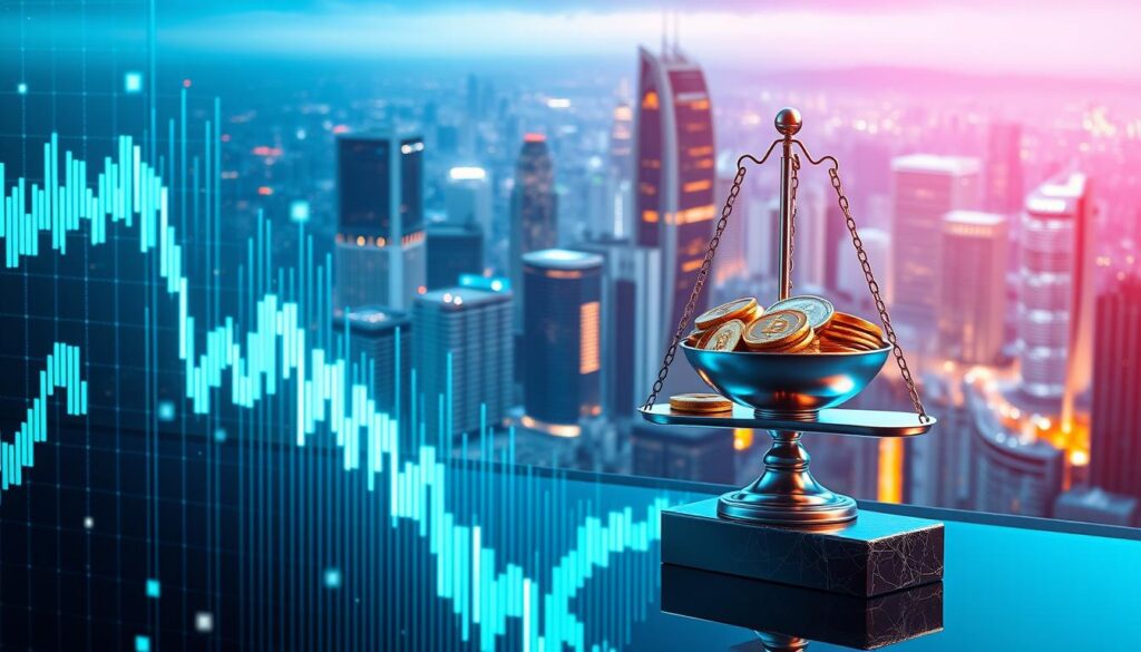 A vibrant, dynamic scene depicting the interplay of supply and demand in the cryptocurrency market. In the foreground, a digital price chart pulses with fluctuating lines, reflecting the volatile nature of crypto prices. The midground features a stylized balance scale, with one side weighted down by an abundance of cryptocurrency tokens, while the other side is lighter, representing scarcity. In the background, a cityscape of gleaming skyscrapers and digital infrastructure serves as the backdrop, symbolizing the broader economic ecosystem in which cryptocurrencies operate. The scene is bathed in a cool, ethereal light, conveying a sense of the fluid, technologically-driven nature of the crypto market. A vibrant, dynamic scene depicting the interplay of supply and demand in the cryptocurrency market. In the foreground, a digital price chart pulses with fluctuating lines, reflecting the volatile nature of crypto prices. The midground features a stylized balance scale, with one side weighted down by an abundance of cryptocurrency tokens, while the other side is lighter, representing scarcity. In the background, a cityscape of gleaming skyscrapers and digital infrastructure serves as the backdrop, symbolizing the broader economic ecosystem in which cryptocurrencies operate. The scene is bathed in a cool, ethereal light, conveying a sense of the fluid, technologically-driven nature of the crypto market.