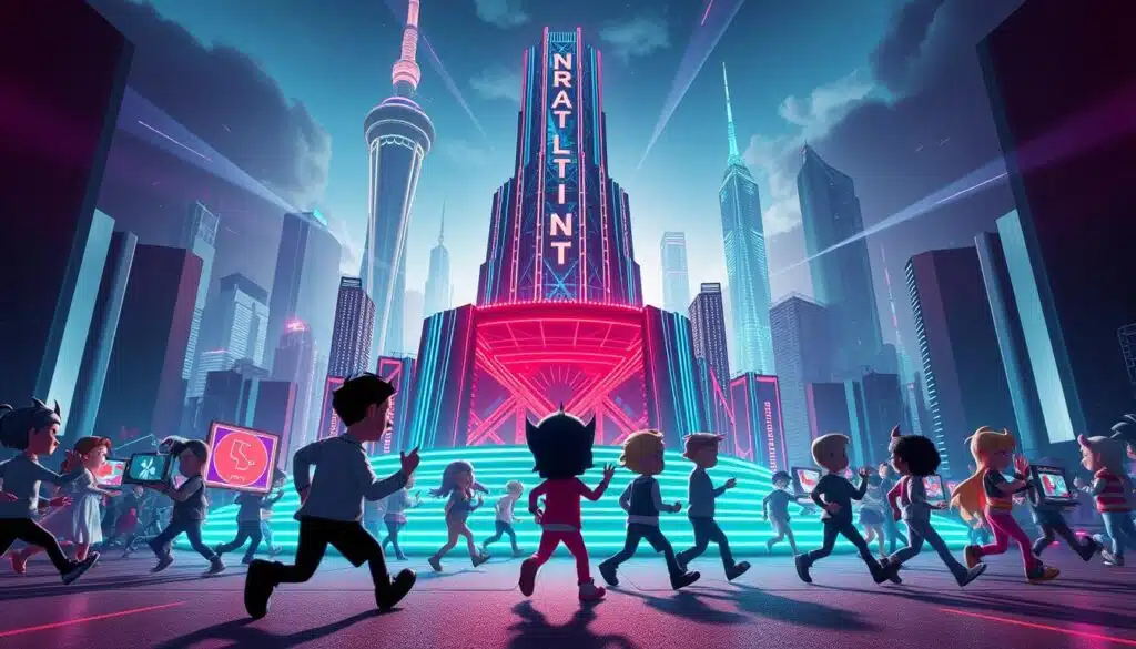 A vibrant, energetic scene showcasing the highlights of a dynamic NFT trading competition. In the foreground, a group of animated digital characters, each representing unique NFT artworks, are engaged in a lively trading frenzy, their movements captured in a sharp, cinéma vérité style. The middle ground features a towering, futuristic stage or platform, bathed in a dazzling array of neon lights and holographic effects, symbolizing the excitement and grandeur of the event. In the background, a sleek, minimalist cityscape with towering skyscrapers and a glowing, techno-infused skyline sets the scene, creating a sense of a high-stakes, high-tech environment. The overall mood is one of intense competition, innovation, and the thrill of the digital art marketplace.