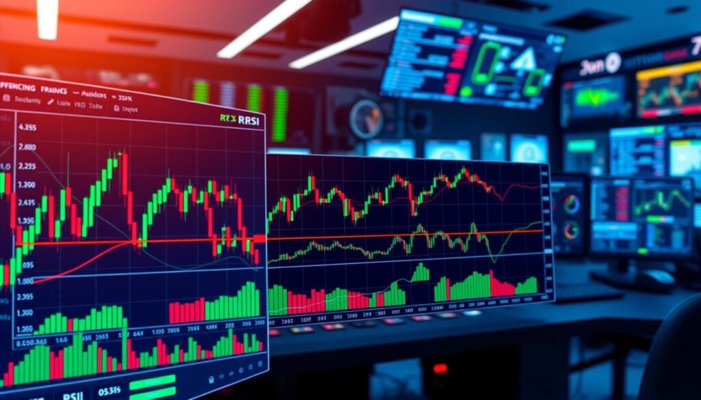 A vibrant financial chart displaying real-time RSI data for various cryptocurrency pairs. The foreground features a sleek trading platform interface with dynamic candlestick charts, oscillators, and indicators. The middle ground showcases a series of RSI plots charting the relative strength of the crypto assets over time. The background depicts a high-tech control room with multiple screens, data visualizations, and a sense of active market monitoring. The overall scene conveys a professional, data-driven approach to implementing RSI-based trading strategies in the live crypto markets, reflecting the technical depth and practical insights of the article. A vibrant financial chart displaying real-time RSI data for various cryptocurrency pairs. The foreground features a sleek trading platform interface with dynamic candlestick charts, oscillators, and indicators. The middle ground showcases a series of RSI plots charting the relative strength of the crypto assets over time. The background depicts a high-tech control room with multiple screens, data visualizations, and a sense of active market monitoring. The overall scene conveys a professional, data-driven approach to implementing RSI-based trading strategies in the live crypto markets, reflecting the technical depth and practical insights of the article.