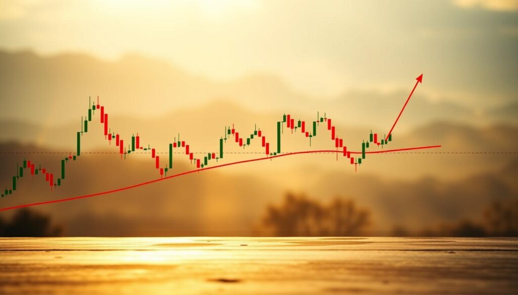 A vibrant financial chart showcasing dynamic breakout patterns, illuminated by warm, natural lighting. The foreground features crisp, geometric shapes representing support and resistance levels, with bold lines cutting through the composition to depict the breakouts. The middle ground displays a range of candlestick formations, each conveying a sense of momentum and market volatility. In the background, a hazy, abstract landscape suggests the broader market context, evoking the ever-changing nature of financial markets. The overall atmosphere is one of anticipation, opportunity, and the thrill of navigating the unpredictable realm of technical analysis.