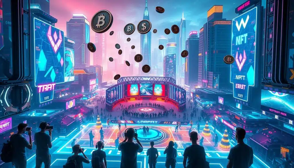 A vibrant, futuristic cityscape illuminated by holographic displays and neon-lit skyscrapers. In the foreground, a group of gamers immersed in a virtual reality game, their movements reflected in a shimmering interface. Amidst the action, digital currency and NFT tokens float in the air, representing the potential rewards for skilled play. The middle ground features a central arena where competitive gaming tournaments are taking place, with spectators and commentators observing the intense action. The background showcases a bustling, high-tech metropolis, where the promise of play-to-earn opportunities lures in a new generation of digital adventurers.
