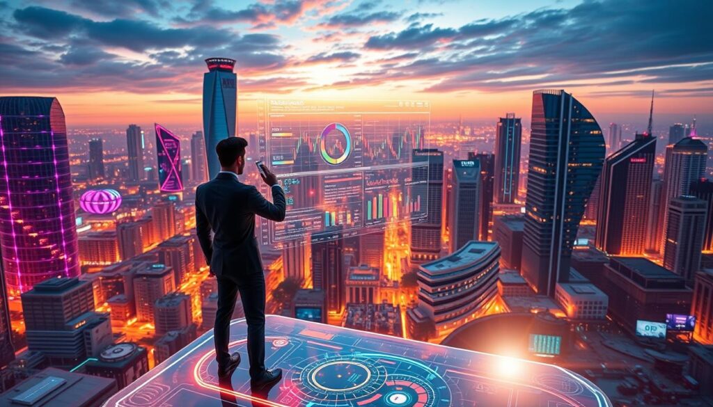A vibrant futuristic cityscape with towering skyscrapers and a dynamic energy grid pulsing with data flows. In the foreground, a holographic display showcases a sophisticated trading dashboard with real-time market analytics and AI-powered trading strategies. Figures in sleek business attire interact with the interface, their movements reflected in the shimmering display. The middle ground features a hub of activity, with traders and analysts collaborating at workstations amidst a haze of information screens. The background is a panoramic view of the metropolis, bathed in a warm, neon-tinged glow, hinting at the transformative potential of AI-driven crypto market insights. A vibrant futuristic cityscape with towering skyscrapers and a dynamic energy grid pulsing with data flows. In the foreground, a holographic display showcases a sophisticated trading dashboard with real-time market analytics and AI-powered trading strategies. Figures in sleek business attire interact with the interface, their movements reflected in the shimmering display. The middle ground features a hub of activity, with traders and analysts collaborating at workstations amidst a haze of information screens. The background is a panoramic view of the metropolis, bathed in a warm, neon-tinged glow, hinting at the transformative potential of AI-driven crypto market insights.