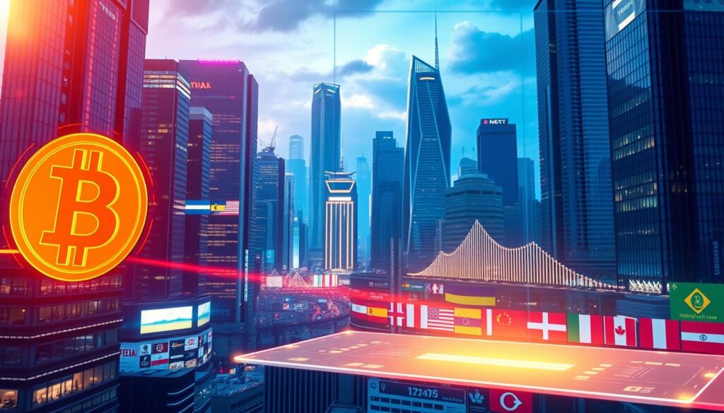A vibrant, futuristic cityscape with towering skyscrapers and gleaming digital displays. In the foreground, a stylized cryptocurrency symbol hovers, casting a warm glow over the scene. In the middle ground, a smooth-edged, transparent interface depicts seamless cross-border transactions, highlighting the speed and convenience of digital remittances. The background features a patchwork of national flags, symbolizing the global reach and borderless nature of the cryptocurrency ecosystem. The overall tone is one of technological advancement, efficiency, and the promise of a new financial paradigm, showcasing the advantages of cryptocurrency over traditional banking systems.