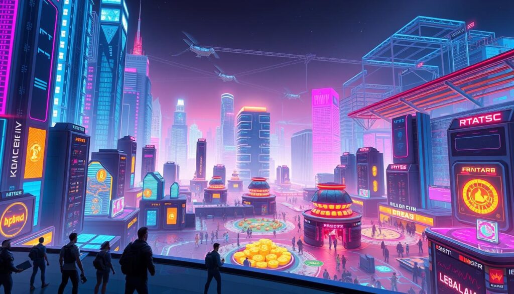 A vibrant, futuristic cityscape with towering skyscrapers and holographic displays showcasing the dynamic NFT gaming economy. In the foreground, a group of players avatars engage in a competitive virtual arena, their digital assets represented as shimmering, polygonal objects. The middle ground features a bustling marketplace, where virtual items and land parcels are being traded through transparent trading terminals. In the background, a vast, interconnected network of blockchain servers and data centers powers the intricate financial transactions of this immersive, digital world. The scene is bathed in a warm, neon-tinged lighting, evoking a sense of technological progress and economic prosperity. A vibrant, futuristic cityscape with towering skyscrapers and holographic displays showcasing the dynamic NFT gaming economy. In the foreground, a group of players avatars engage in a competitive virtual arena, their digital assets represented as shimmering, polygonal objects. The middle ground features a bustling marketplace, where virtual items and land parcels are being traded through transparent trading terminals. In the background, a vast, interconnected network of blockchain servers and data centers powers the intricate financial transactions of this immersive, digital world. The scene is bathed in a warm, neon-tinged lighting, evoking a sense of technological progress and economic prosperity.