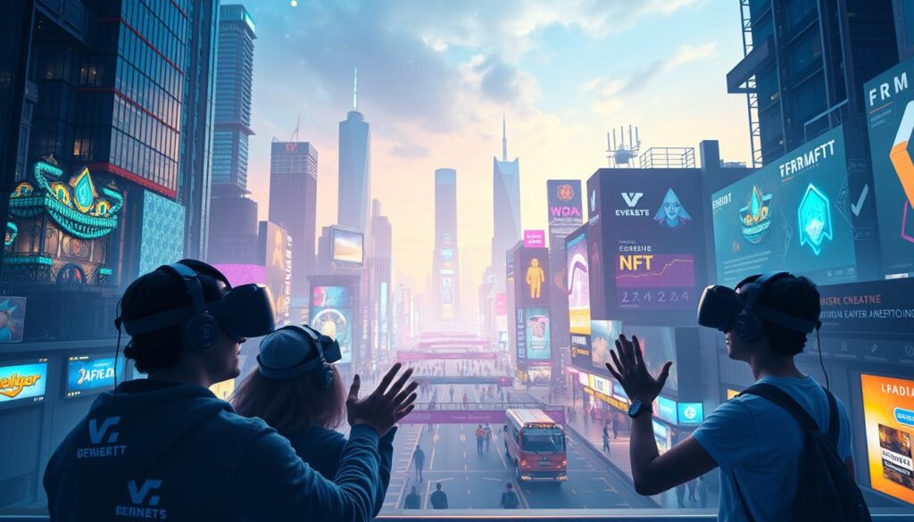 A vibrant, futuristic cityscape with towering skyscrapers and holographic displays. In the foreground, a group of gamers are immersed in virtual reality headsets, their hands moving intuitively as they navigate a crypto-powered game world. The middle ground features a bustling hub of activity, with players trading NFT assets and earning rewards. The background is alive with neon-lit streets, digital billboards, and the faint glow of a cryptocurrency exchange interface. Soft, diffused lighting casts an ethereal, dreamlike atmosphere over the scene, capturing the excitement and potential of play-to-earn crypto gaming. A vibrant, futuristic cityscape with towering skyscrapers and holographic displays. In the foreground, a group of gamers are immersed in virtual reality headsets, their hands moving intuitively as they navigate a crypto-powered game world. The middle ground features a bustling hub of activity, with players trading NFT assets and earning rewards. The background is alive with neon-lit streets, digital billboards, and the faint glow of a cryptocurrency exchange interface. Soft, diffused lighting casts an ethereal, dreamlike atmosphere over the scene, capturing the excitement and potential of play-to-earn crypto gaming.