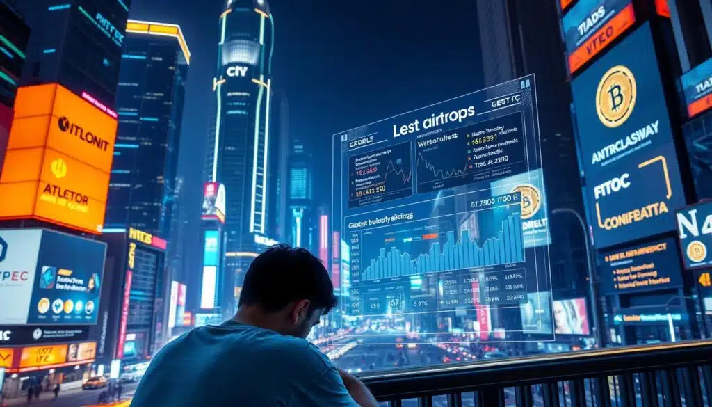 A vibrant, futuristic cityscape with towering skyscrapers and neon-lit streets. In the foreground, a person hunched over a laptop, their face illuminated by the glow of the screen, intently scanning for potential cryptocurrency airdrops. The middle ground features a holographic display showcasing a wealth of data and analytics, highlighting the latest airdrop opportunities. In the background, a panoramic view of the city, with digital screens and billboards flashing information about the latest cryptocurrency trends. The scene is bathed in a cool, blue-tinted lighting, creating an atmosphere of high-tech innovation and financial opportunity. The overall composition conveys the thrill and challenge of navigating the constantly evolving crypto landscape using the power of artificial intelligence.