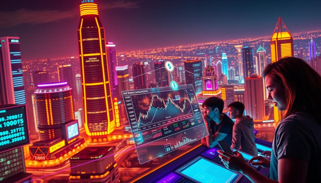 A vibrant, futuristic cityscape with towering skyscrapers and neon-lit streets. In the foreground, a dynamic crypto trading platform with a sleek, intuitive interface displaying real-time data and charts. Holographic indicators, glowing tokens, and fluid animations create an immersive, high-tech atmosphere. In the middle ground, users engage with the platform, their faces illuminated by the screen's glow, expressions of focus and excitement. The background features a dazzling skyline, with the night sky aglow with the reflected light of the city, creating a sense of energy and possibility. Warm, futuristic lighting casts a dynamic, futuristic ambiance over the entire scene.