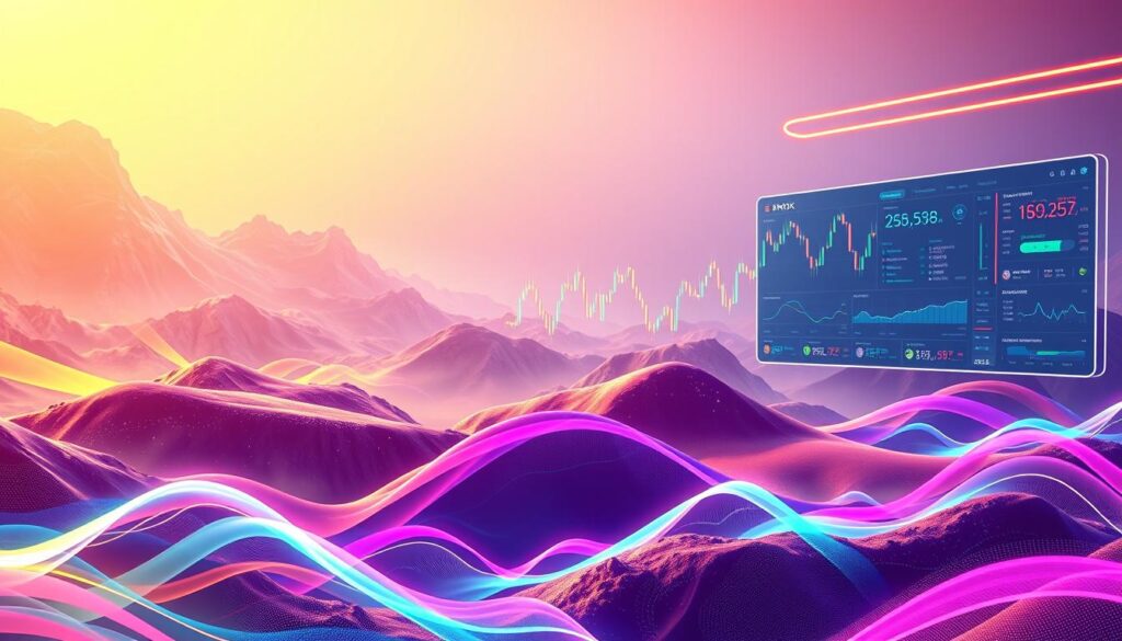 A vibrant, futuristic landscape featuring a decentralized exchange trading platform. In the foreground, a series of dynamic liquidity pools, each represented by a distinct color, pulsing and swirling with energy. The middle ground showcases various trading pairs, depicted as abstract geometric shapes, seamlessly interacting and exchanging values. In the background, a sleek, minimalist interface with intuitive controls and data visualizations, reflecting the efficient and transparent nature of the DEX. Warm, neon-tinged lighting casts a futuristic glow, creating a sense of technological prowess and financial innovation. The overall composition conveys the liquidity, flexibility, and seamless user experience that defines the key factors driving trading volume on decentralized exchanges. A vibrant, futuristic landscape featuring a decentralized exchange trading platform. In the foreground, a series of dynamic liquidity pools, each represented by a distinct color, pulsing and swirling with energy. The middle ground showcases various trading pairs, depicted as abstract geometric shapes, seamlessly interacting and exchanging values. In the background, a sleek, minimalist interface with intuitive controls and data visualizations, reflecting the efficient and transparent nature of the DEX. Warm, neon-tinged lighting casts a futuristic glow, creating a sense of technological prowess and financial innovation. The overall composition conveys the liquidity, flexibility, and seamless user experience that defines the key factors driving trading volume on decentralized exchanges.