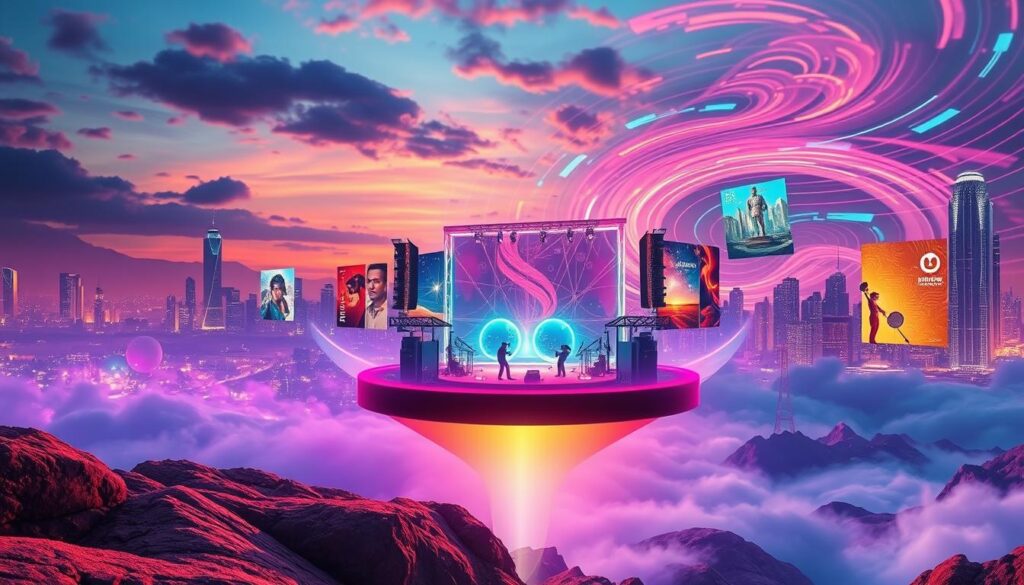 A vibrant, futuristic landscape featuring a floating, holographic music stage where artists perform, surrounded by a swirling vortex of colorful NFT artworks, each representing a unique music release model. The stage is illuminated by a warm, ethereal light, casting a dreamlike glow over the scene. In the background, a city skyline with towering, neon-lit skyscrapers hints at the technological advancements that enable these innovative music distribution platforms. The composition blends the physical and digital realms, showcasing the convergence of music, art, and blockchain technology.