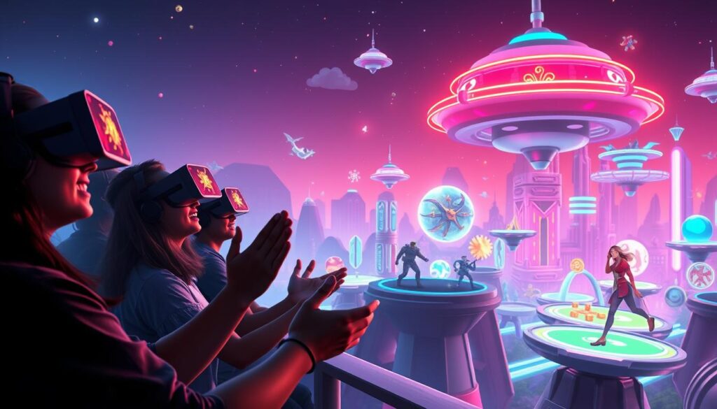 A vibrant, futuristic landscape showcasing the best play-to-earn crypto games. In the foreground, a group of players immersed in virtual reality headsets, their hands gesturing excitedly as they navigate through captivating game worlds. The middle ground features a variety of colorful, stylized game characters and assets, hinting at the diverse gameplay experiences. In the background, a sleek, neon-lit cityscape with holographic displays and floating platforms, creating a dynamic, technologically advanced atmosphere. Soft, directional lighting illuminates the scene, casting dramatic shadows and highlighting the depth and details. The overall mood is one of excitement, innovation, and the promise of real-world rewards for skillful gameplay.