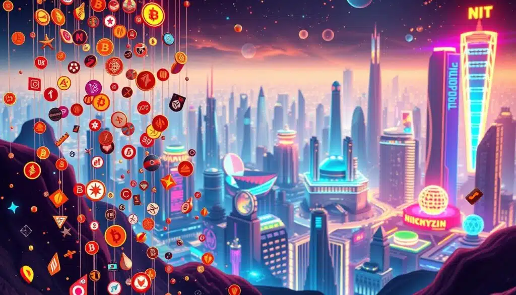 A vibrant, futuristic landscape showcasing the evolution of crypto airdrops. In the foreground, a cascade of digital tokens and NFTs raining down, each one a unique and captivating design. The middle ground features a diverse array of blockchain platforms, represented by sleek, minimalist icons and symbols, all intertwined in a dynamic, interconnected network. The background is a stunning, kaleidoscopic cityscape, where towering skyscrapers and futuristic architecture are illuminated by a dazzling, neon-infused skyline. The overall scene conveys a sense of progress, innovation, and the boundless potential of the crypto ecosystem. Lit by a warm, diffused lighting, the image exudes a sense of excitement and wonder, capturing the spirit of the ever-evolving world of cryptocurrency and NFT airdrops.