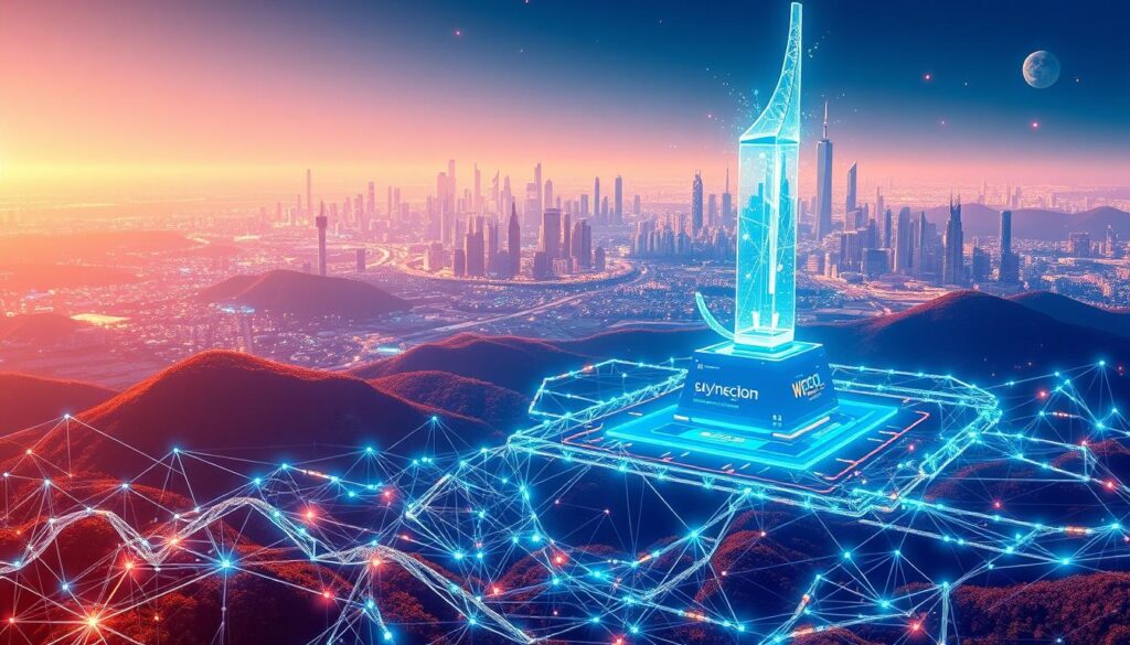 A vibrant, futuristic landscape showcasing the innovative technologies of Layer 2 blockchain solutions. In the foreground, a sprawling network of interconnected nodes and channels, pulsing with dynamic energy. In the middle ground, a towering, geometric structure representing a scalable, off-chain transaction hub, its sleek design radiating an aura of efficiency. In the background, a vast, holographic skyline of skyscrapers and data centers, symbolizing the decentralized infrastructure that underpins this advanced blockchain ecosystem. The scene is bathed in a warm, soothing glow, conveying a sense of harmony and progress. Subtle details, such as floating transaction data and shimmering energy fields, add depth and complexity to the image. A vibrant, futuristic landscape showcasing the innovative technologies of Layer 2 blockchain solutions. In the foreground, a sprawling network of interconnected nodes and channels, pulsing with dynamic energy. In the middle ground, a towering, geometric structure representing a scalable, off-chain transaction hub, its sleek design radiating an aura of efficiency. In the background, a vast, holographic skyline of skyscrapers and data centers, symbolizing the decentralized infrastructure that underpins this advanced blockchain ecosystem. The scene is bathed in a warm, soothing glow, conveying a sense of harmony and progress. Subtle details, such as floating transaction data and shimmering energy fields, add depth and complexity to the image.