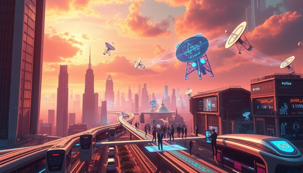 A vibrant, futuristic landscape showcasing the real-world applications of presale cryptocurrencies. In the foreground, a sleek, modern city with towering skyscrapers and advanced transportation systems, representing the integration of blockchain technology into everyday life. In the middle ground, groups of people interacting with holographic interfaces, conducting transactions and accessing decentralized applications. In the background, a vibrant, neon-lit skyline with floating satellite dishes and data streams, symbolizing the global interconnectivity of these innovative digital assets. The scene is bathed in a warm, futuristic glow, conveying a sense of progress and technological advancement. Crisp, high-resolution details and a cinematic, wide-angle lens capture the scale and scope of this cutting-edge vision of the future.
