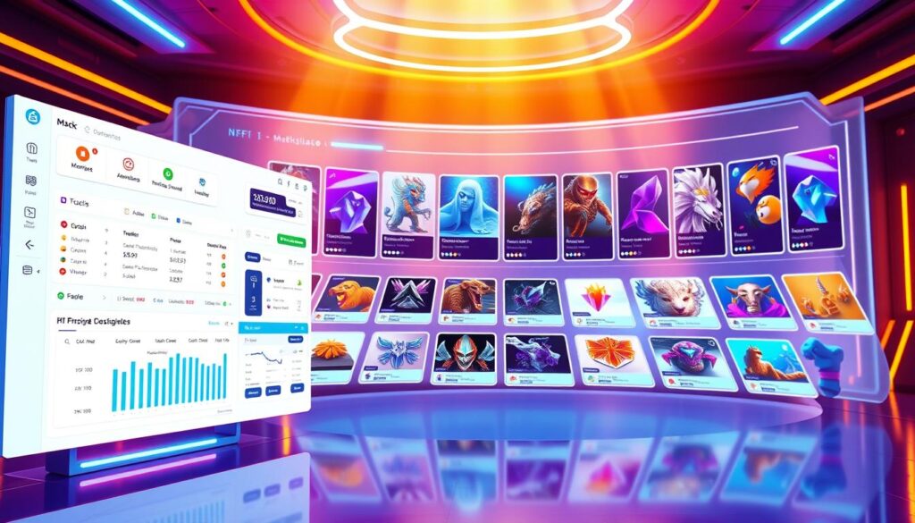 A vibrant, futuristic-looking user interface showcasing the key features of a modern NFT marketplace platform. In the foreground, a clean and intuitive dashboard with customizable widgets, market analytics, and trading tools. In the middle ground, a 3D gallery of diverse NFT artworks, each with a detailed preview and bidding controls. In the background, a sleek and minimalist design with holographic elements, gradients, and subtle neon accents, evoking a sense of technological sophistication. The scene is bathed in a warm, futuristic lighting, creating a visually striking and immersive experience that captures the essence of the dynamic NFT marketplace ecosystem.