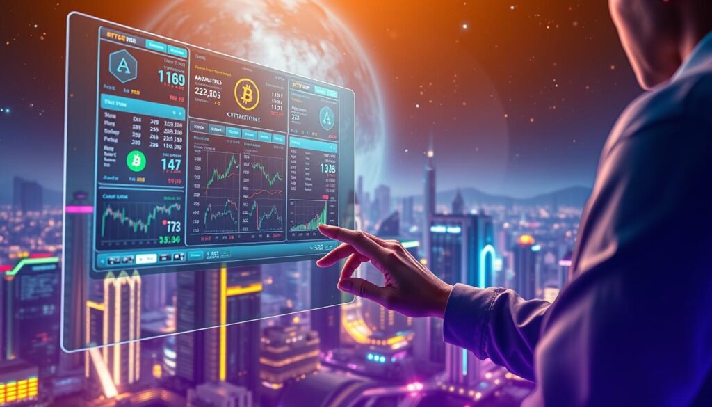 A vibrant, futuristic scene depicting crypto arbitrage trading. In the foreground, a trader intently monitors multiple cryptocurrency exchange platforms on a sleek, holographic display, their fingers deftly executing trades. The middle ground features a dynamic, neon-lit cityscape with towering skyscrapers and glowing digital infrastructure, symbolizing the fast-paced, technologically-advanced world of cryptocurrency markets. The background is a vast, cosmic landscape, hinting at the global, interconnected nature of crypto arbitrage opportunities. The lighting is a captivating blend of cool, digital tones and warm, atmospheric hues, creating a sense of technological prowess and financial opportunity. The overall composition conveys the complexity, speed, and potential rewards of AI-driven crypto arbitrage trading.