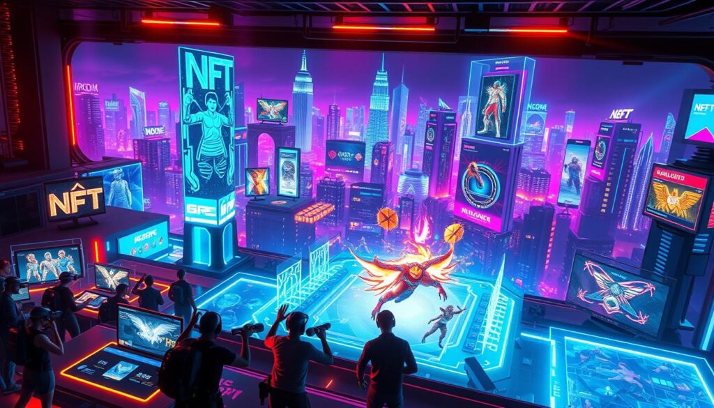 A vibrant, futuristic scene depicting the emerging trends in metaverse and NFT gaming. In the foreground, a group of players immersed in a virtual reality gaming experience, their avatars engaged in a dynamic, high-stakes battle. The middle ground showcases a dazzling array of holographic displays, showcasing the latest NFT collectibles and in-game assets. In the background, a sprawling cityscape of towering skyscrapers and holographic billboards, all bathed in the glow of a neon-infused, cyberpunk-inspired atmosphere. Lighting is a combination of warm, ambient tones and sharp, directional beams, creating a sense of depth and drama. The overall mood is one of excitement, innovation, and the boundless possibilities of the metaverse. A vibrant, futuristic scene depicting the emerging trends in metaverse and NFT gaming. In the foreground, a group of players immersed in a virtual reality gaming experience, their avatars engaged in a dynamic, high-stakes battle. The middle ground showcases a dazzling array of holographic displays, showcasing the latest NFT collectibles and in-game assets. In the background, a sprawling cityscape of towering skyscrapers and holographic billboards, all bathed in the glow of a neon-infused, cyberpunk-inspired atmosphere. Lighting is a combination of warm, ambient tones and sharp, directional beams, creating a sense of depth and drama. The overall mood is one of excitement, innovation, and the boundless possibilities of the metaverse.