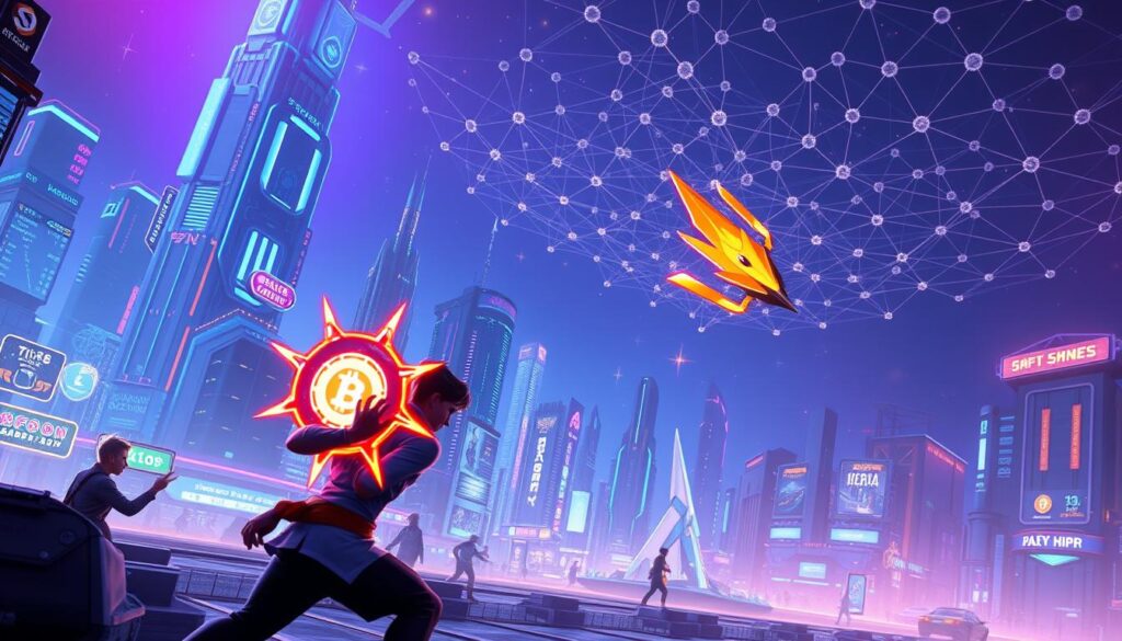 A vibrant, futuristic scene of a play-to-earn crypto gaming world. In the foreground, an avatar engages in a dynamic battle, wielding unique digital assets as powerful in-game tools. The middle ground depicts a bustling, neon-lit metropolis, with towering skyscrapers and holographic interfaces. The background showcases a vast, expanding blockchain network, its nodes pulsing with the energy of decentralized transactions. Cinematic lighting casts dramatic shadows, creating a sense of depth and immersion. The overall atmosphere conveys a fusion of cutting-edge technology, strategic gameplay, and the thrill of earning digital rewards.