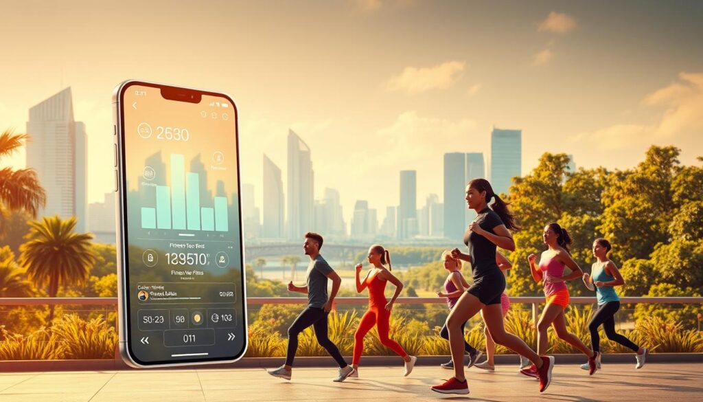 A vibrant, futuristic scene showcasing the key features of an NFT fitness app. In the foreground, a sleek, holographic user interface displays real-time fitness data, digital tokens, and customizable workout plans. In the middle ground, a group of diverse, active individuals engage in a variety of exercises, their movements tracked by sensors and seamlessly integrated into the app's ecosystem. In the background, a cityscape of gleaming skyscrapers and lush, verdant parks reflects the app's commitment to sustainable, connected fitness. The scene is bathed in a warm, energetic glow, conveying a sense of excitement and innovation around the "move to earn" NFT fitness experience.
