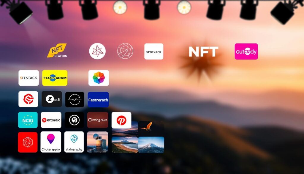 A vibrant, high-contrast digital collage showcasing the logos and interfaces of the top NFT photography marketplaces. The foreground features a grid-like arrangement of prominent marketplace icons, each rendered in a sleek, minimalist style with strong colors and clean lines. The middle ground depicts a series of contemporary, high-quality NFT photography artworks, highlighting the diverse range of visual styles and subjects available. The background is a blurred, abstract landscape hinting at the global, digital nature of these platforms, with a subtle gradient of colors that complements the overall palette. The lighting is dramatic, with a combination of directional spotlights and soft ambient illumination that creates depth and emphasizes the digital, technological aesthetic.
