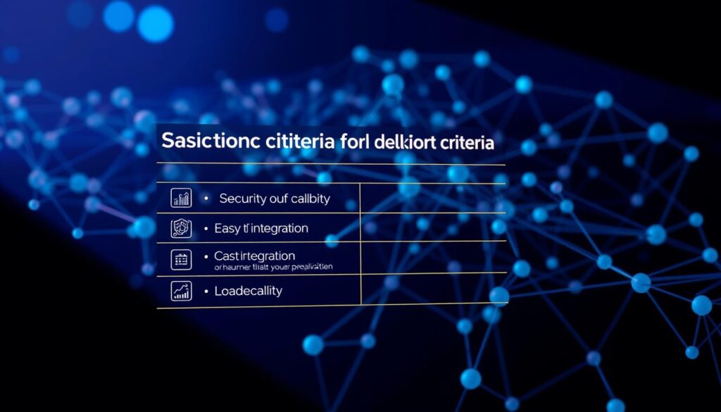 A vibrant, high-contrast image depicting the selection criteria for evaluating Blockchain as a Service (BaaS) providers. In the foreground, a sleek, minimalist infographic outlines key criteria such as security, scalability, ease of integration, and cost-effectiveness. The infographic is rendered in a clean, modern style with geometric shapes and bold typography. In the middle ground, a network of blockchain nodes and connections forms an abstract backdrop, conveying the technological complexity and interconnectedness of the blockchain ecosystem. The lighting is crisp and directional, casting subtle shadows to create depth and emphasize the visual hierarchy. The overall atmosphere is one of clarity, professionalism, and authority, reflecting the importance of a well-defined selection process for BaaS providers.