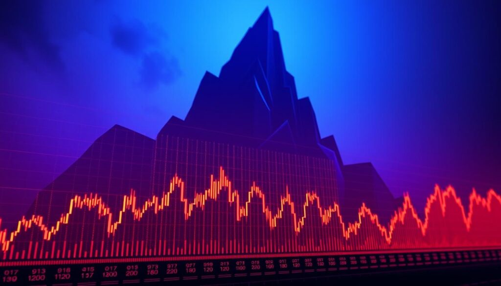 A vibrant, high-contrast visualization of the interplay between interest rates, market volatility, and cryptocurrency prices. In the foreground, a pulsing cryptocurrency graph reacts to the fluctuations of a dynamic stock market ticker. Behind it, a towering, angular interest rate chart casts dramatic shadows across the scene. The whole composition is bathed in an ominous, neon-tinged lighting, reflecting the volatile, unpredictable nature of the financial landscape. The image evokes a sense of tension and uncertainty, perfectly capturing the complex relationships between these key economic indicators. A vibrant, high-contrast visualization of the interplay between interest rates, market volatility, and cryptocurrency prices. In the foreground, a pulsing cryptocurrency graph reacts to the fluctuations of a dynamic stock market ticker. Behind it, a towering, angular interest rate chart casts dramatic shadows across the scene. The whole composition is bathed in an ominous, neon-tinged lighting, reflecting the volatile, unpredictable nature of the financial landscape. The image evokes a sense of tension and uncertainty, perfectly capturing the complex relationships between these key economic indicators.