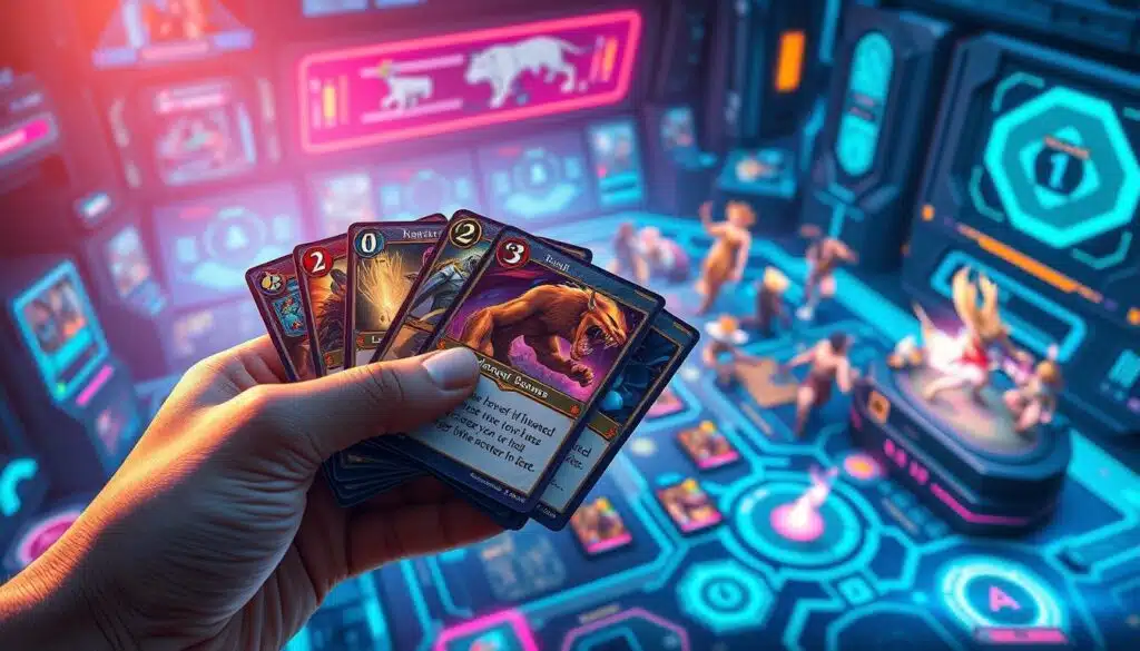 A vibrant, high-resolution digital illustration showcasing the intricate mechanics of a collectible card game. In the foreground, a player's hand holds a selection of detailed, fantasy-inspired trading cards, each with unique artwork, stats, and abilities. The middle ground features a game board or playing field, with dynamic effects and animations highlighting the strategic interactions between cards. In the background, a futuristic, technologically-advanced setting with holographic interfaces and glowing, neon-lit elements establishes the futuristic, blockchain-powered setting of the game. Cinematic lighting, depth of field, and a sense of dynamism and energy convey the excitement and depth of the collectible card game experience.