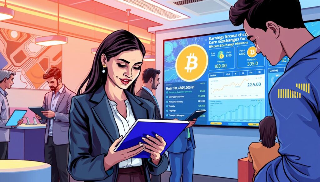 A vibrant illustration depicting a dynamic cryptocurrency exchange environment, featuring a diverse group of people engaged in learning and earning. In the foreground, a professional woman in smart business attire is attentively studying a digital tablet displaying crypto analytics, her face illuminated by the device's glow. To her left, a young man in casual yet presentable clothing participates in an online workshop on earning Bitcoin rewards. In the middle ground, a large digital display on the wall showcases fluctuating Bitcoin prices and informative graphs related to “exchange missions.” The background features a modern, tech-driven office space with bright lighting, sleek furnishings, and abstract artwork inspired by blockchain technology, creating an atmosphere of innovation and opportunity.