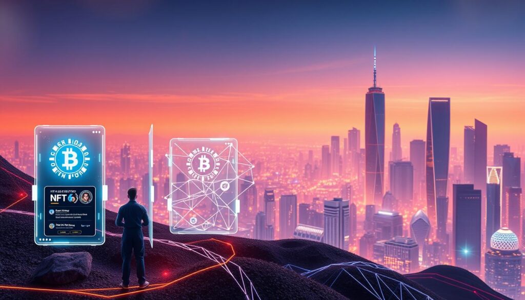 A vibrant, innovative digital landscape featuring various success stories from cutting-edge platforms. In the foreground, a trio of futuristic, holographic interfaces showcase interactive NFT badges and achievements. The middle ground depicts a diverse array of users, from digital artists to gaming enthusiasts, celebrating their accomplishments. The background showcases a panoramic view of a sleek, high-tech city skyline, bathed in warm, diffuse lighting that creates a sense of progress and innovation. Subtle metallic accents and a color palette of blues, purples, and golds convey a sophisticated, forward-thinking atmosphere.