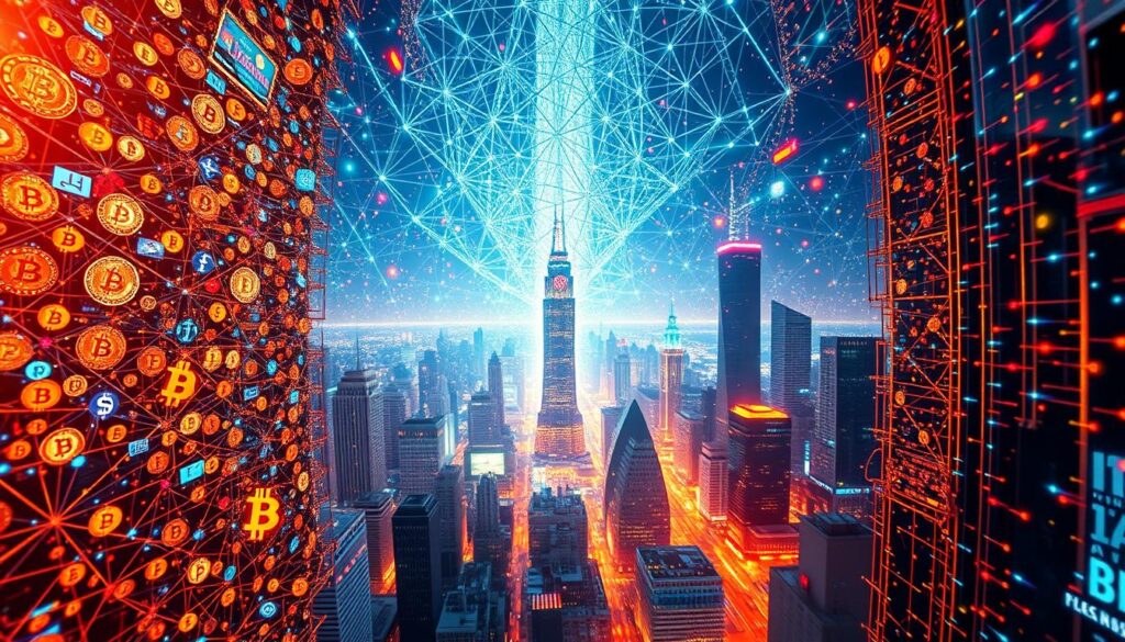 A vibrant, kaleidoscopic evolution of digital currencies. In the foreground, a mesmerizing matrix of Bitcoin and altcoin symbols, each pulsing with an ethereal glow. The middle ground features a dynamic, interlocking network of blockchain ledgers, their intricate geometries casting ever-changing shadows. The background showcases a vast, futuristic cityscape, its towering skyscrapers and neon-lit streets a testament to the transformative power of cryptocurrency. Warm, diffused lighting bathes the scene, evoking a sense of technological wonder and financial revolution. Captured through the lens of a high-resolution, wide-angle camera, the image conveys the rapid, ever-expanding universe of digital assets.
