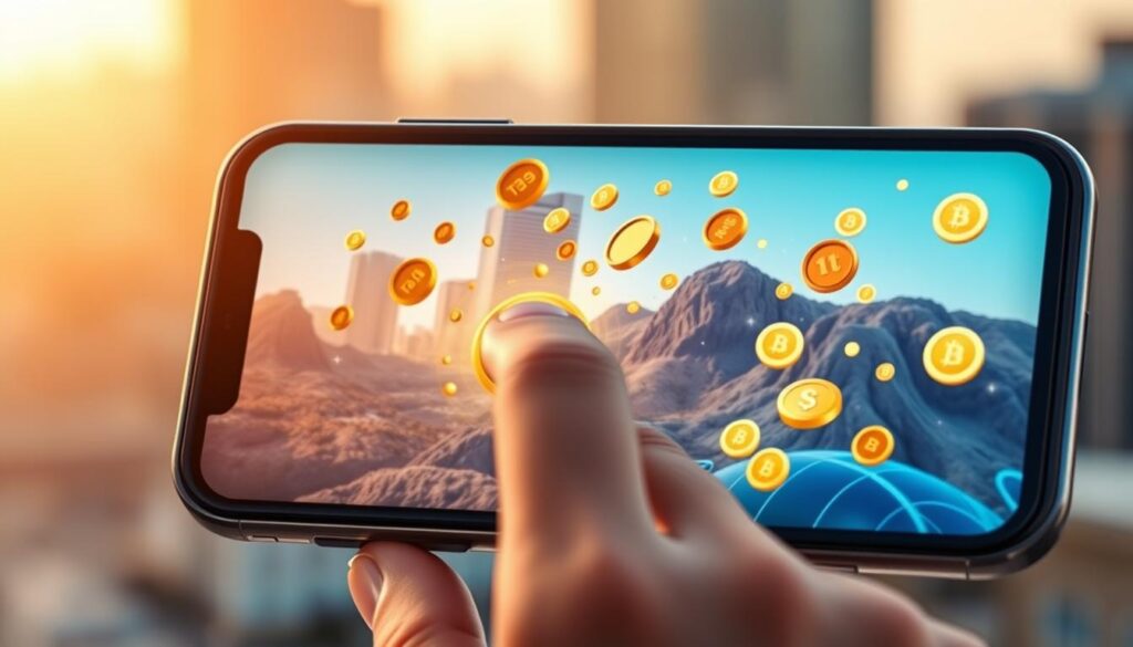 A vibrant mobile phone screen displaying a virtual mining interface where users can tap to earn digital tokens. In the foreground, include a hand tapping the screen, showing engagement and interaction. The middle ground features clear graphics of gold coins and shining tokens emerging from the device, symbolizing rewards visually. The background should be a soft-focus cityscape, indicating a modern and tech-savvy atmosphere. Use warm, inviting lighting to create a sense of excitement and opportunity. The overall mood should be optimistic and dynamic, reflecting the ease and enjoyment of engaging with the tap-to-mine concept. No text or logos should be present in the image.