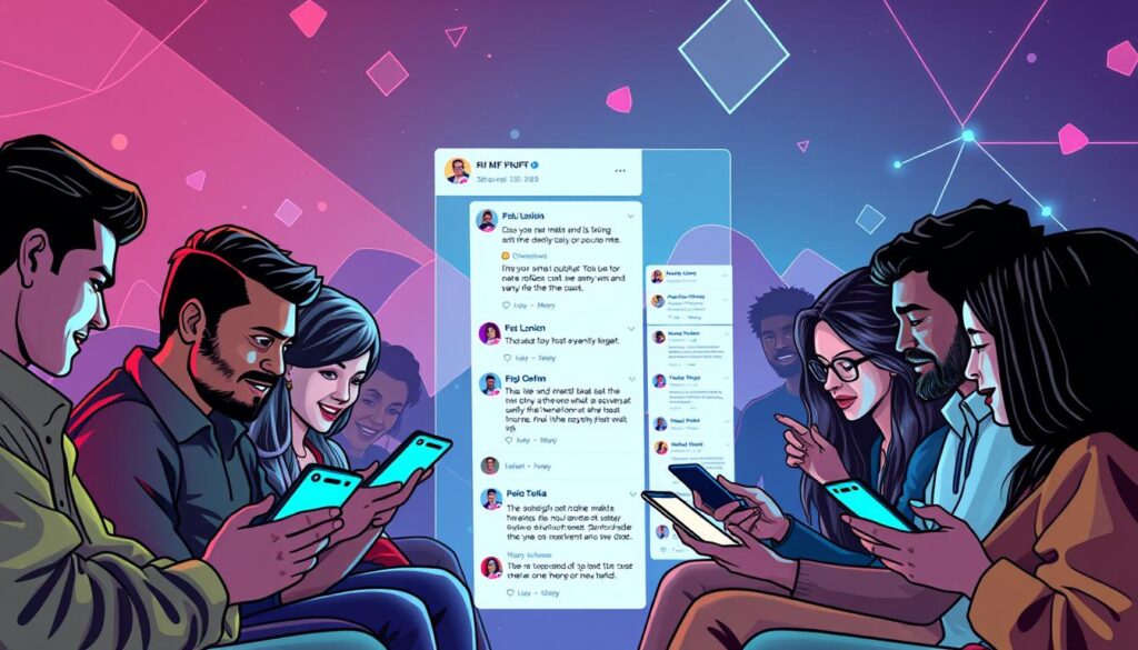 A vibrant online community engaged in lively discussions, sharing insights and updates about the latest NFT projects. In the foreground, a group of diverse individuals connected through their mobile devices, their expressions animated as they exchange messages, images, and reactions. The middle ground features a social media feed, scrolling with a constant stream of NFT-related content - announcements, market trends, and engaging creative pieces. The background depicts a stylized digital landscape, with abstract geometric shapes and neon-lit elements that evoke the innovative, tech-savvy nature of the NFT ecosystem. The overall scene radiates a sense of excitement, collaboration, and a shared passion for the evolving world of non-fungible tokens.