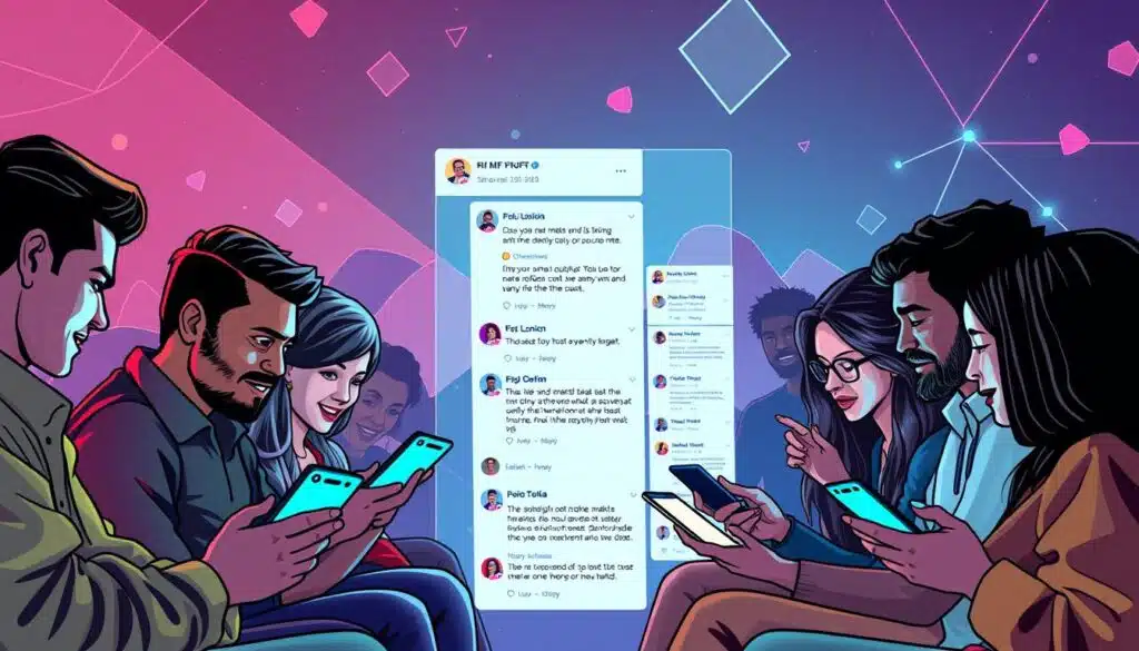 A vibrant online community engaged in lively discussions, sharing insights and updates about the latest NFT projects. In the foreground, a group of diverse individuals connected through their mobile devices, their expressions animated as they exchange messages, images, and reactions. The middle ground features a social media feed, scrolling with a constant stream of NFT-related content - announcements, market trends, and engaging creative pieces. The background depicts a stylized digital landscape, with abstract geometric shapes and neon-lit elements that evoke the innovative, tech-savvy nature of the NFT ecosystem. The overall scene radiates a sense of excitement, collaboration, and a shared passion for the evolving world of non-fungible tokens.