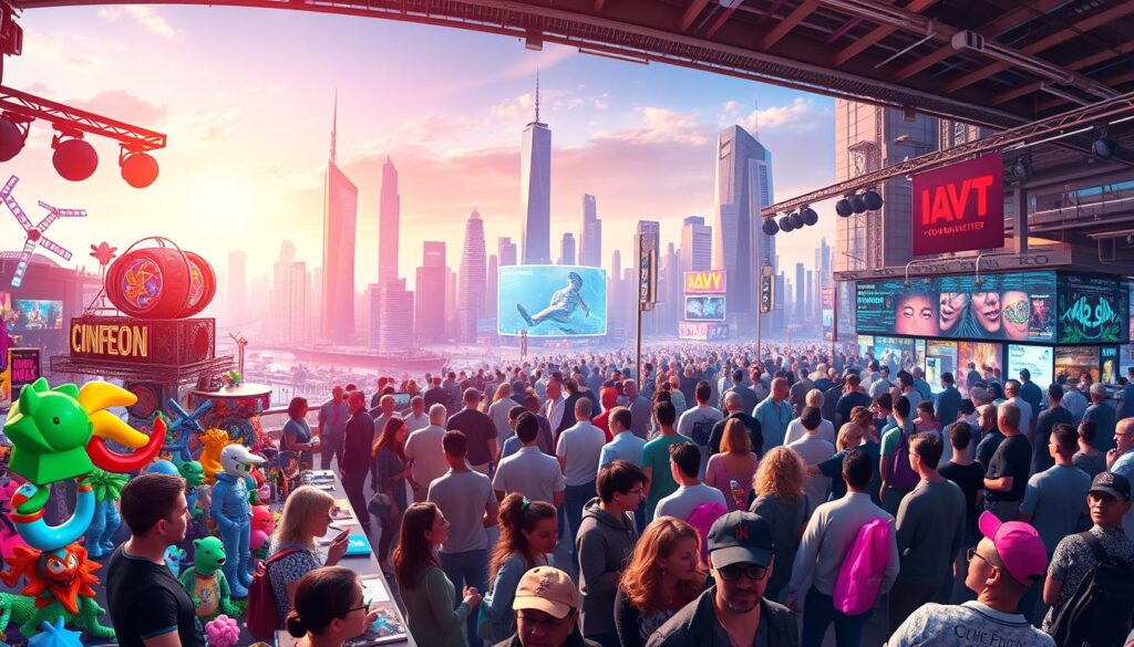 A vibrant panoramic view of a bustling digital marketplace, showcasing the ever-changing trends and challenges facing the future of NFT art and digital collectibles. In the foreground, a kaleidoscope of colorful NFT artworks and avatars, each representing the diversity and innovation within the space. In the middle ground, a crowd of collectors, artists, and industry leaders engaged in animated discussions, navigating the complexities of ownership, authentication, and monetization. The background depicts a futuristic cityscape, with towering skyscrapers and holographic displays, hinting at the technological advancements that will shape the industry's path forward. The scene is bathed in a warm, ethereal light, suggesting the boundless potential and transformative power of this evolving digital landscape.