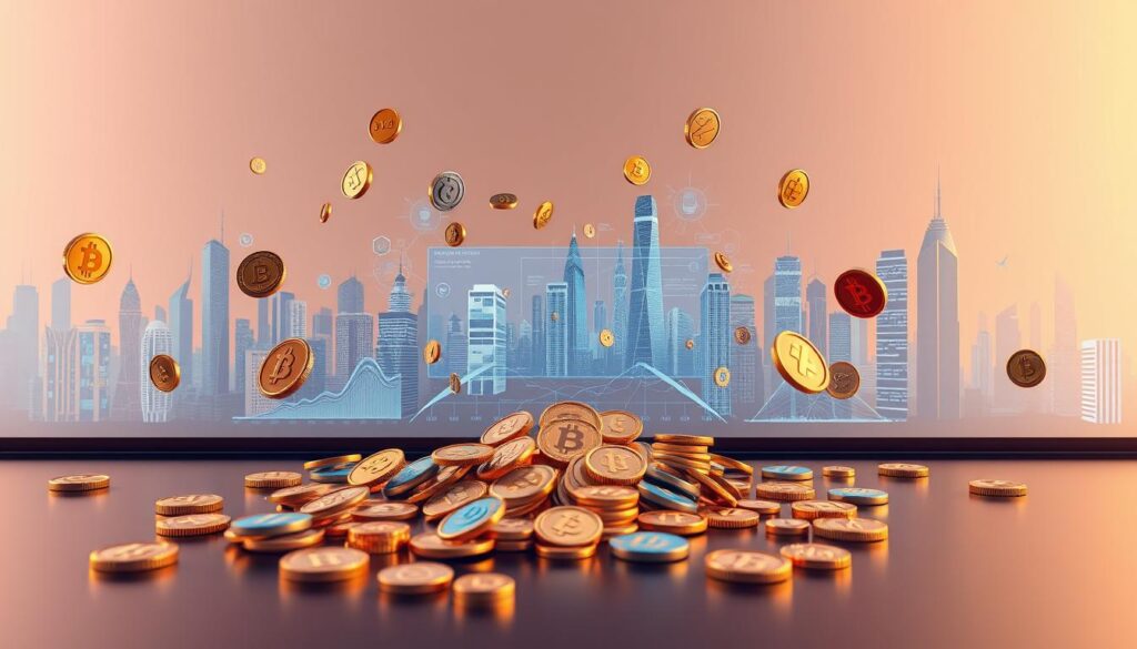 A vibrant, photorealistic illustration of a diverse array of digital tokens and cryptocurrencies floating in a sleek, minimalist 3D space. In the foreground, a central cluster of tokens appears to be arranged strategically, hinting at optimization techniques. The middle ground features a series of interconnected graphs and data visualizations, showcasing various token reward structures and performance metrics. The background depicts a stylized cityscape of futuristic skyscrapers and holographic interfaces, creating a sense of a thriving digital economy. The scene is illuminated by a warm, diffused lighting, evoking a sense of innovation and opportunity.