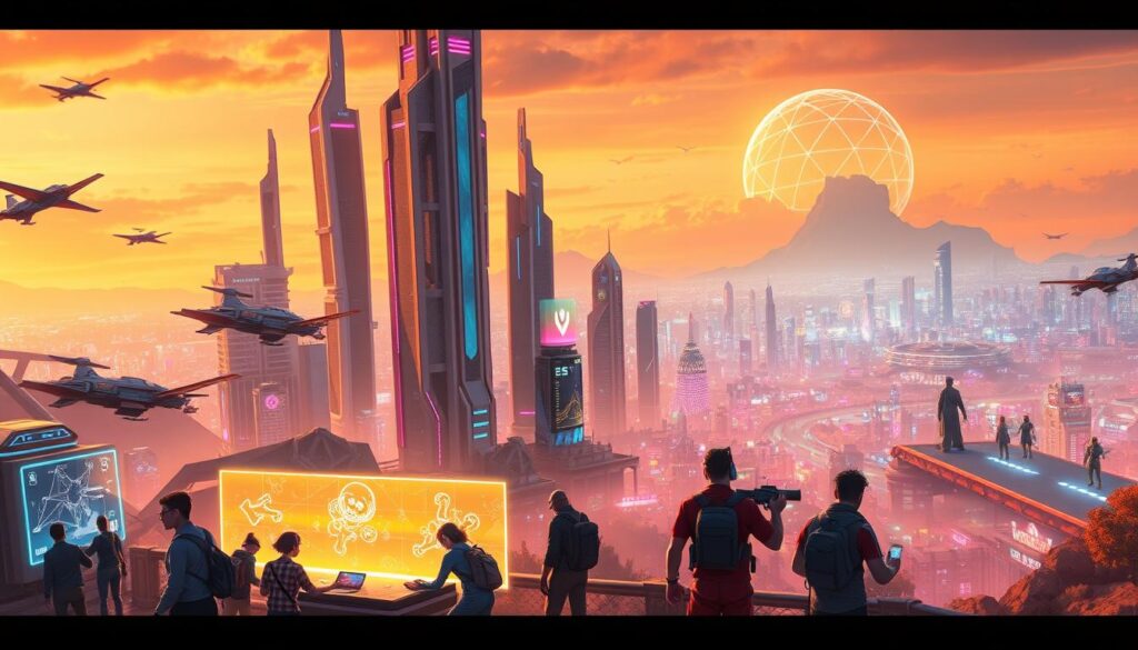 A vibrant, photorealistic landscape depicting a futuristic, cyberpunk-inspired play-to-earn NFT game world. In the foreground, a group of diverse characters engage in dynamic, high-tech gameplay, their avatars interacting with holographic interfaces and virtual game elements. The middle ground showcases towering, neon-lit skyscrapers, flying vehicles, and a bustling cityscape teeming with activity. In the background, a striking skyline with a glowing, geometric-patterned horizon sets the scene, casting warm, diffused lighting across the entire composition. The overall mood is one of excitement, innovation, and the boundless potential of blockchain-powered gaming.