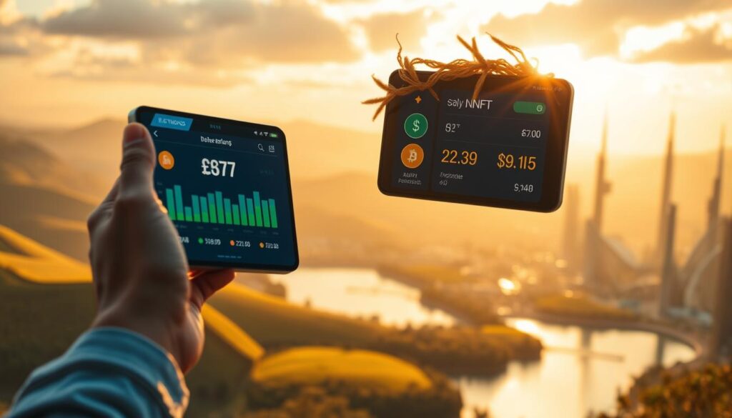 A vibrant scene of a person earning NFT rewards for providing liquidity. In the foreground, a digital wallet interface hovers, showcasing the NFT rewards being accumulated. In the middle ground, a serene landscape of rolling hills and a tranquil lake, bathed in warm, golden sunlight. In the background, a futuristic city skyline, with gleaming towers and technological structures. The lighting is soft and diffused, creating a sense of calm and prosperity. The overall atmosphere conveys the idea of passive income and financial growth through decentralized finance and NFT rewards. A vibrant scene of a person earning NFT rewards for providing liquidity. In the foreground, a digital wallet interface hovers, showcasing the NFT rewards being accumulated. In the middle ground, a serene landscape of rolling hills and a tranquil lake, bathed in warm, golden sunlight. In the background, a futuristic city skyline, with gleaming towers and technological structures. The lighting is soft and diffused, creating a sense of calm and prosperity. The overall atmosphere conveys the idea of passive income and financial growth through decentralized finance and NFT rewards.