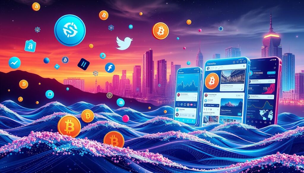 A vibrant social media landscape showcasing the dynamic world of cryptocurrency projects. In the foreground, various crypto-themed icons and symbols float above a sea of digital waves, reflecting the ever-evolving nature of the crypto community. The middle ground features sleek, futuristic-looking social media platforms, their interfaces alive with data visualizations, news updates, and real-time engagement metrics. In the background, a stylized cityscape of skyscrapers and blockchain-inspired architecture, bathed in a warm, neon-tinged glow, symbolizing the integration of crypto into the urban landscape. The overall atmosphere conveys a sense of innovation, connectivity, and the transformative power of digital assets in the modern social media era.