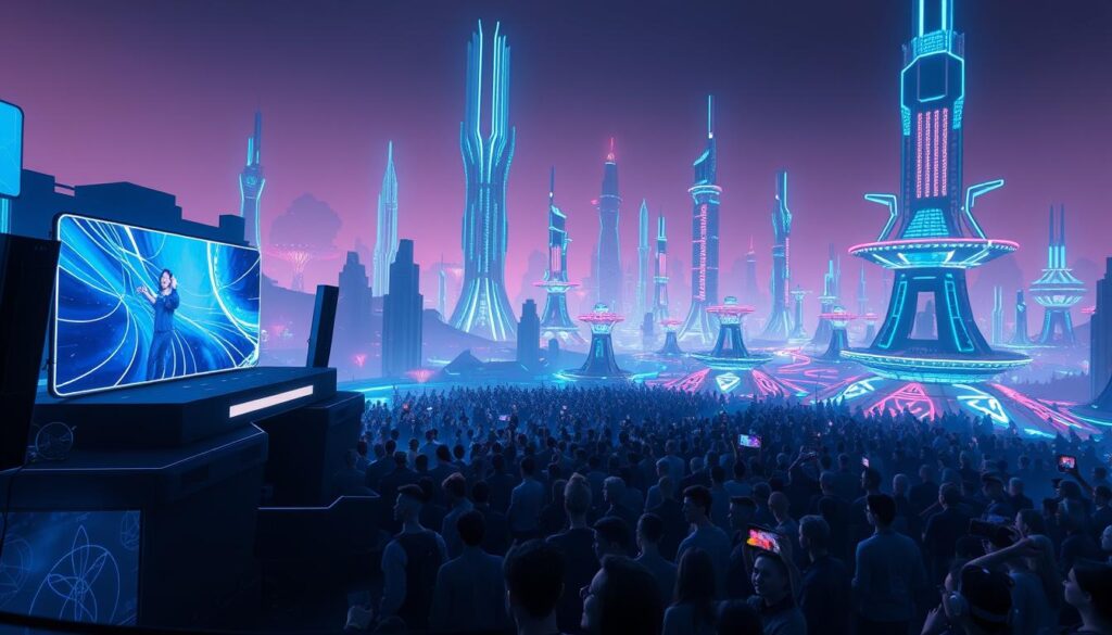 A vibrant, technologically-advanced virtual events metaverse. In the foreground, a stage with sleek, holographic displays showcasing a live performance. In the middle ground, a crowd of avatars gathered, their expressive faces and dynamic movements conveying the energy of the event. In the background, a vast, futuristic landscape of towering, neon-lit skyscrapers and floating platforms, all connected by intricate, glowing pathways. The scene is illuminated by a soft, diffused lighting, creating a sense of depth and immersion. The overall mood is one of excitement, innovation, and the boundless possibilities of the metaverse.