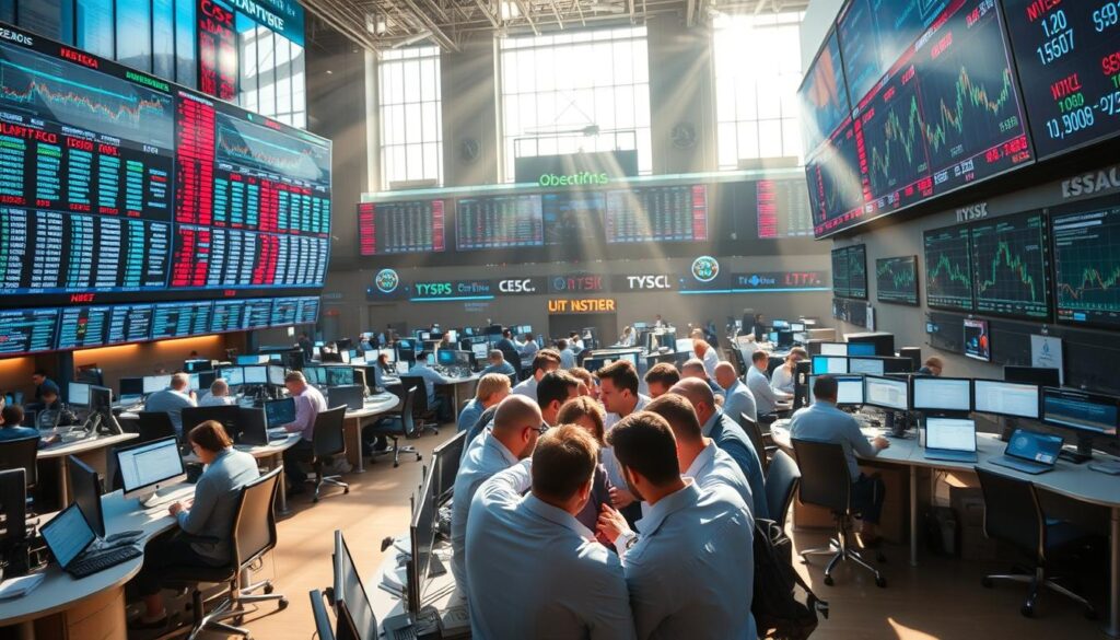A vibrant trading floor teeming with activity, where stock tickers and financial charts dance across multiple screens. Sleek desks and chairs in shades of steel and glass, with brokers intently studying the markets. Rays of natural light from towering windows illuminate the scene, casting a sense of energy and momentum. In the foreground, a group of traders huddled around a central display, their faces alight with anticipation as they analyze the latest IPO trading highlights. The atmosphere is one of intense focus, punctuated by the occasional burst of excitement as new data points emerge. This image captures the thrill and intensity of the IPO trading experience.