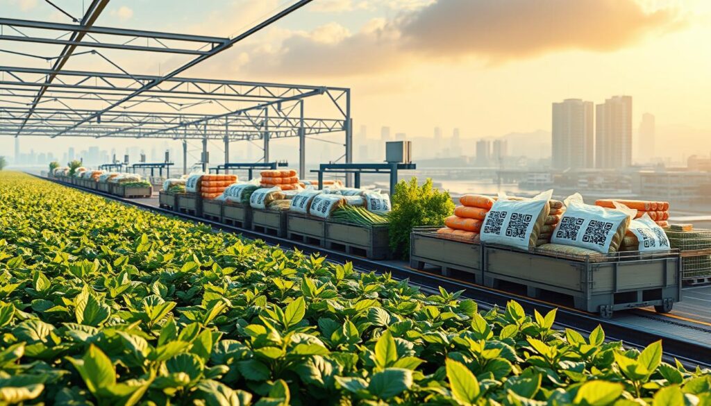 A vibrant, transparent food supply chain with blockchain technology at its core. In the foreground, a lush field of crops, their origins and journey tracked on a transparent, secure digital ledger. In the middle ground, a bustling distribution hub, packages adorned with blockchain QR codes, allowing instant verification of provenance and quality. In the background, a cityscape where restaurants and consumers access real-time data on the food they consume, fostering trust and informed choices. Warm, natural lighting illuminates the scene, conveying a sense of harmony between technology and the natural world. The overall mood is one of transparency, traceability, and a renewed confidence in the food we eat.
