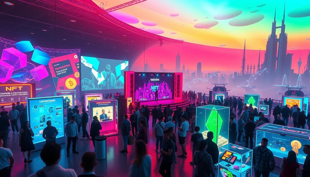 A vibrant virtual event space, illuminated by an array of neon hues and holographic projections. In the foreground, attendees mingle and interact with digital booths showcasing unique NFT collections. The middle ground features a stage where a keynote speaker presents, their words accompanied by a dynamic data visualization. In the background, a towering metaverse landscape with futuristic skylines and floating platforms. Ambient lighting creates a captivating atmosphere, while a cinematic camera angle captures the energy and innovation of this cutting-edge NFT-driven event.