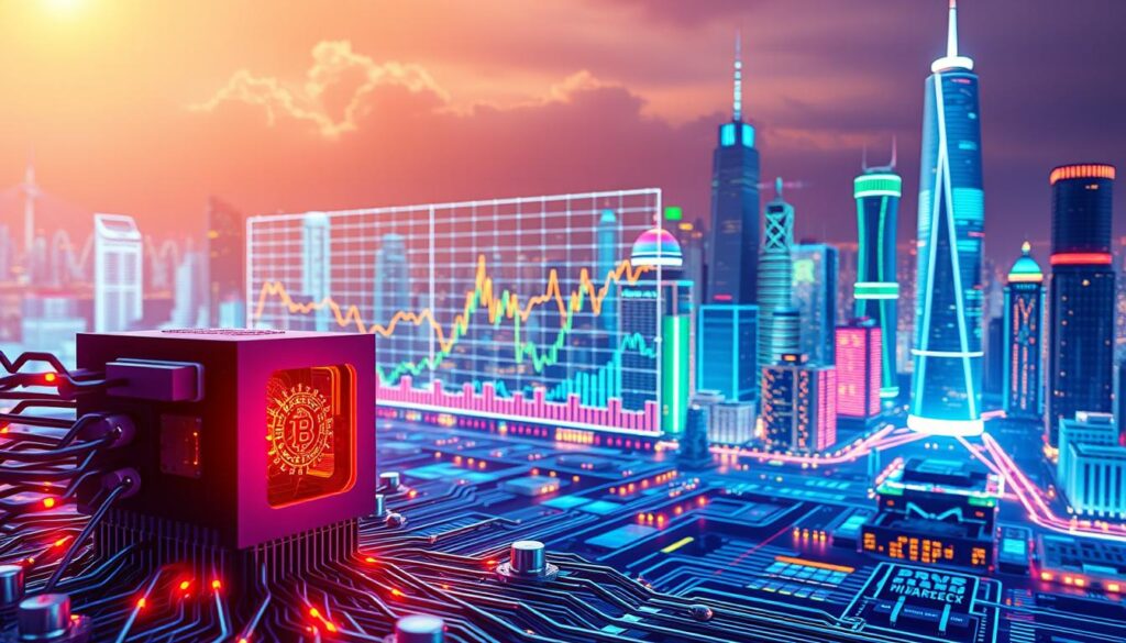 A vibrant visualization of quantum computing's impact on financial markets. The foreground depicts an intricate quantum circuit, its qubits pulsing with energy, representing the complex algorithms that power cutting-edge trading strategies. In the middle ground, a lively 3D data visualization showcases real-time stock market trends, patterns, and fluctuations, all influenced by the quantum computing revolution. The background features a futuristic cityscape, skyscrapers and tech hubs reflecting the integration of quantum computing into the fabric of the modern financial landscape. The scene is bathed in a warm, ethereal glow, conveying the transformative potential of this emerging technology. Detailed, photorealistic, cinematic lighting.