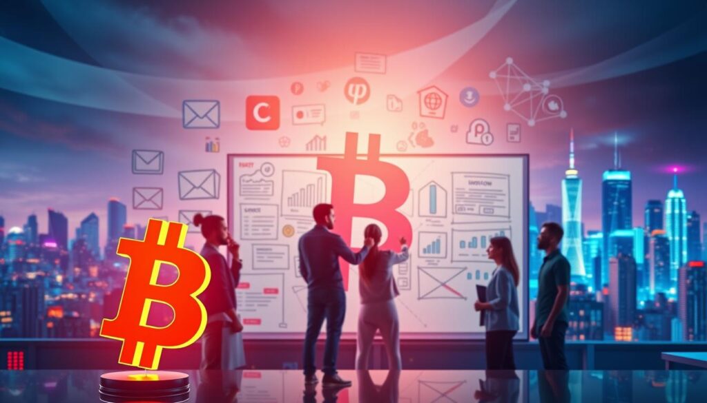 A vibrant, visually engaging image of "crypto content strategy" for an article on enhancing cryptocurrency community social media engagement. In the foreground, a stylized cryptocurrency symbol casts a warm glow, surrounded by a collage of social media icons, content creation tools, and data visualizations. The middle ground features a diverse group of people brainstorming and collaborating on a digital whiteboard, their expressions focused and determined. In the background, a cityscape of futuristic skyscrapers and blockchain networks creates a dynamic, tech-forward atmosphere. The lighting is a blend of soft, directional illumination and vivid neon accents, evoking a sense of innovation and digital fluidity. The overall composition conveys the power of strategic crypto content to drive community engagement and growth.