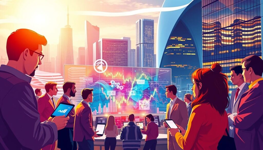 A vibrant, visually striking illustration of the benefits of social trading. In the foreground, a group of diverse traders engaged in active discussions, sharing insights and strategies. The middle ground features a dynamic data visualization, showcasing the power of collective intelligence and the synergies created through social collaboration. In the background, a sleek, futuristic cityscape, representing the cutting-edge technological advancements that enable seamless social trading platforms. Bright, warm lighting illuminates the scene, conveying a sense of optimism and progress. The composition is balanced and visually compelling, drawing the viewer's attention to the core message of the benefits of social trading. A vibrant, visually striking illustration of the benefits of social trading. In the foreground, a group of diverse traders engaged in active discussions, sharing insights and strategies. The middle ground features a dynamic data visualization, showcasing the power of collective intelligence and the synergies created through social collaboration. In the background, a sleek, futuristic cityscape, representing the cutting-edge technological advancements that enable seamless social trading platforms. Bright, warm lighting illuminates the scene, conveying a sense of optimism and progress. The composition is balanced and visually compelling, drawing the viewer's attention to the core message of the benefits of social trading.